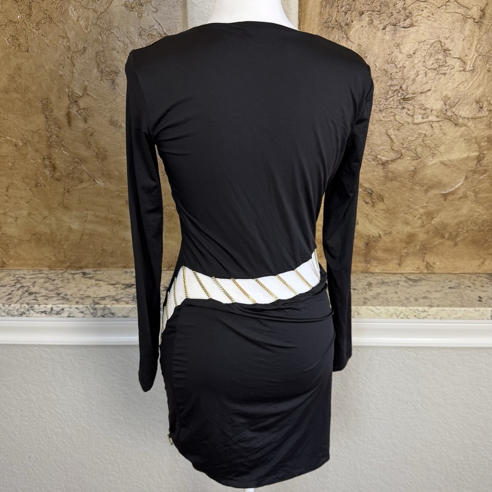 Meshki Chain Dress Women's Medium Black Gold Mini Bodycon Sexy Designer Stretch - Picture 3 of 12